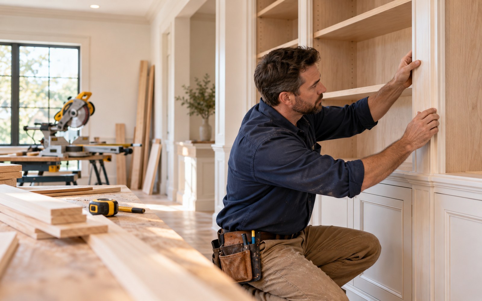 Carpenter measuring and cutting wood indoors