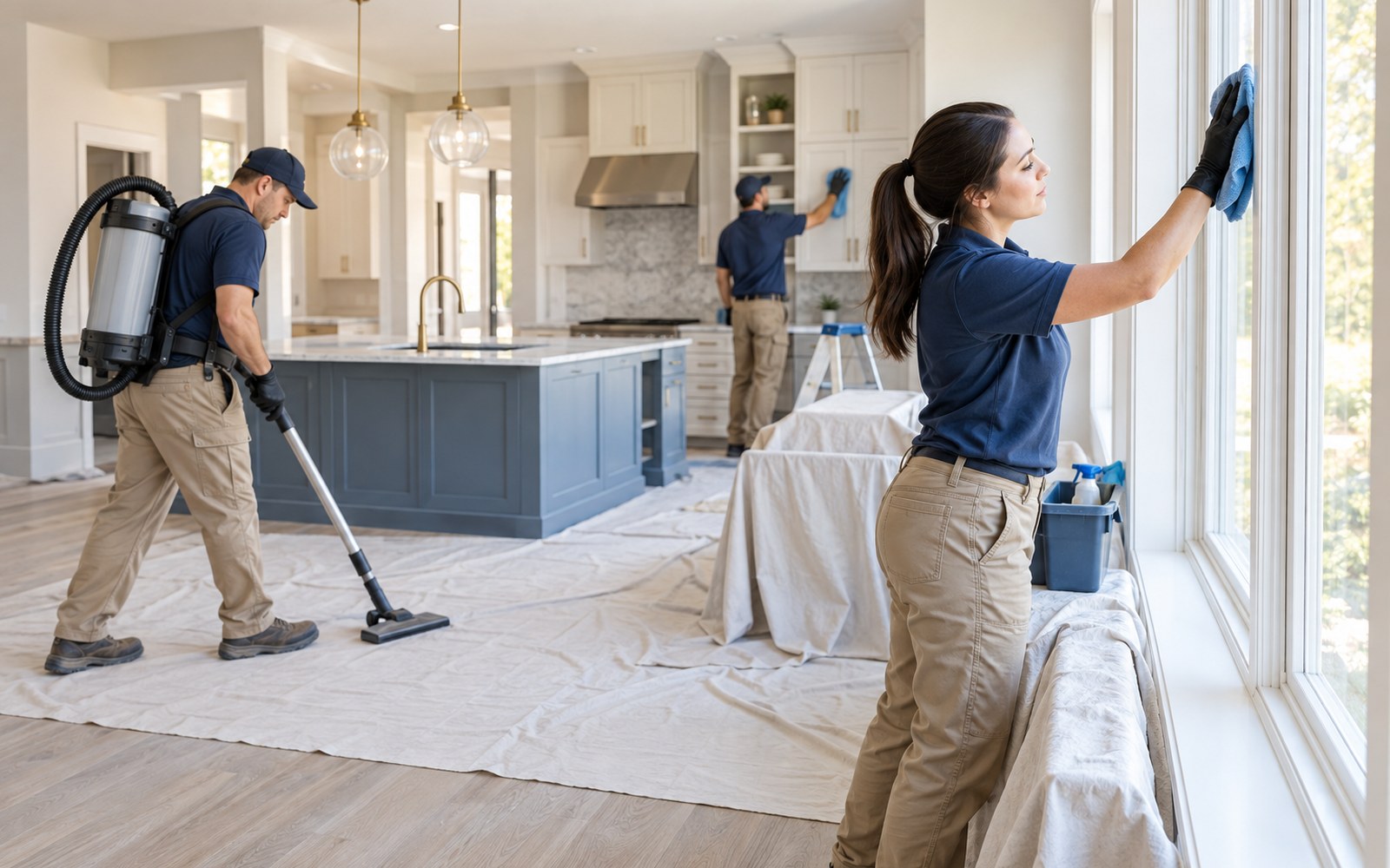 Worker cleaning a construction interior