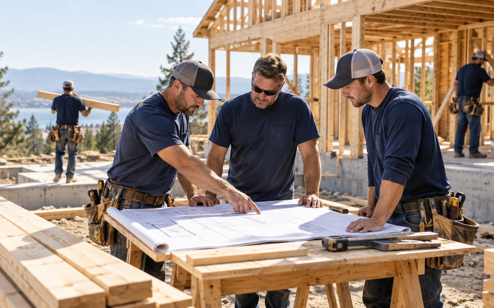 Construction crew working on a house
