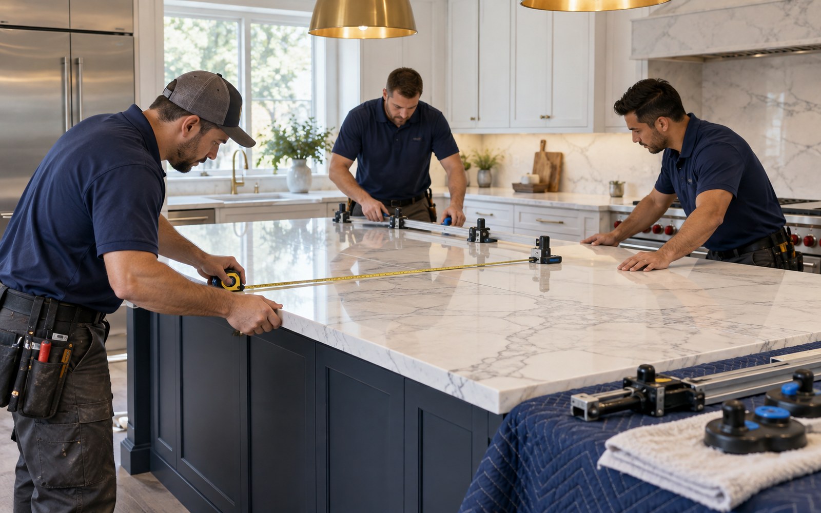 Worker installing a stone countertop