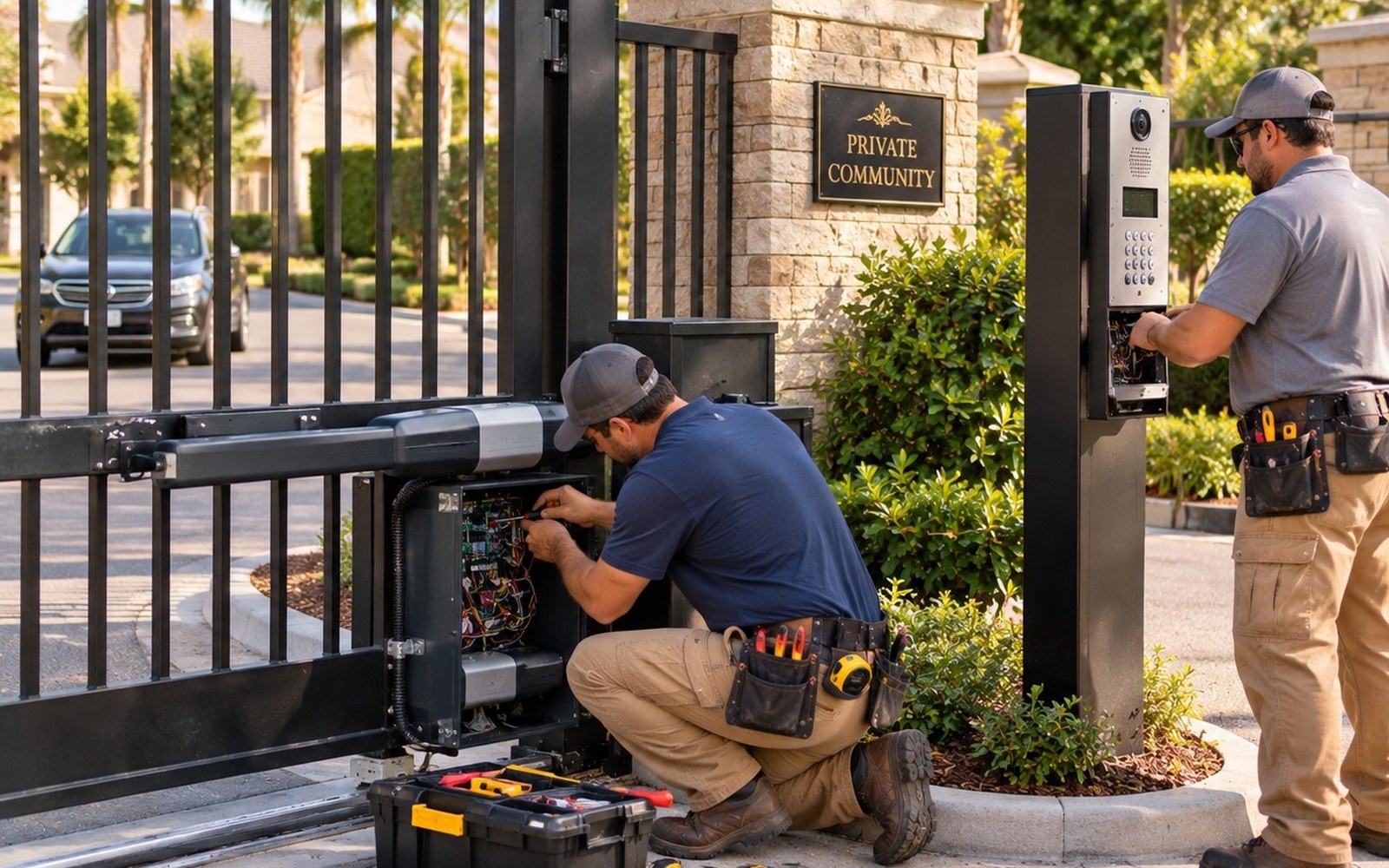 Worker repairing a fence beside a yard
