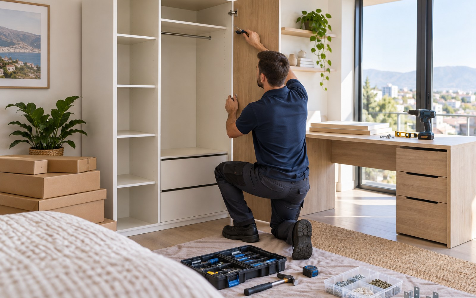 Worker assembling furniture indoors