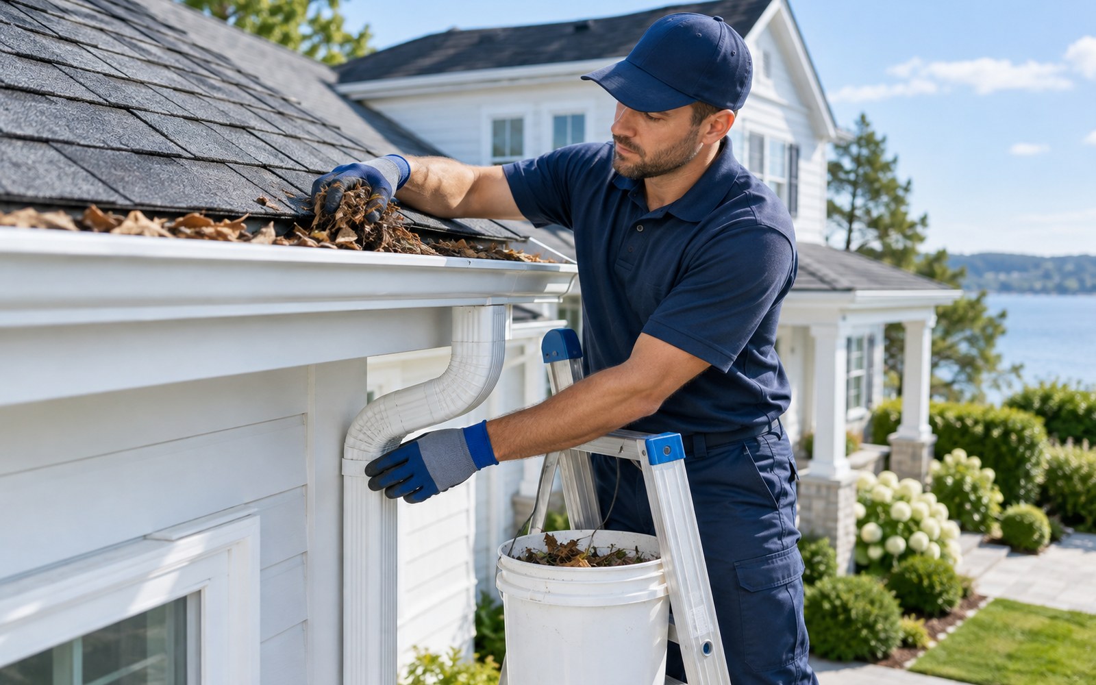 Worker cleaning a gutter from a ladder