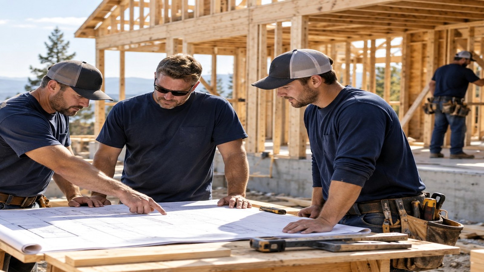 Framing crew working inside a house