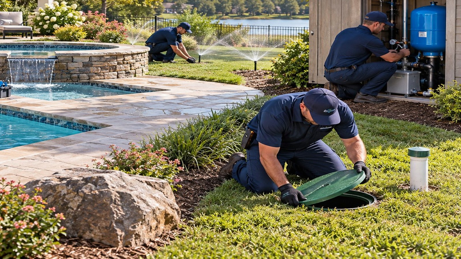Worker servicing a lawn sprinkler system
