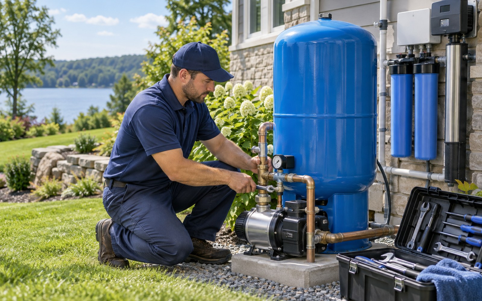 Worker servicing a well-water system