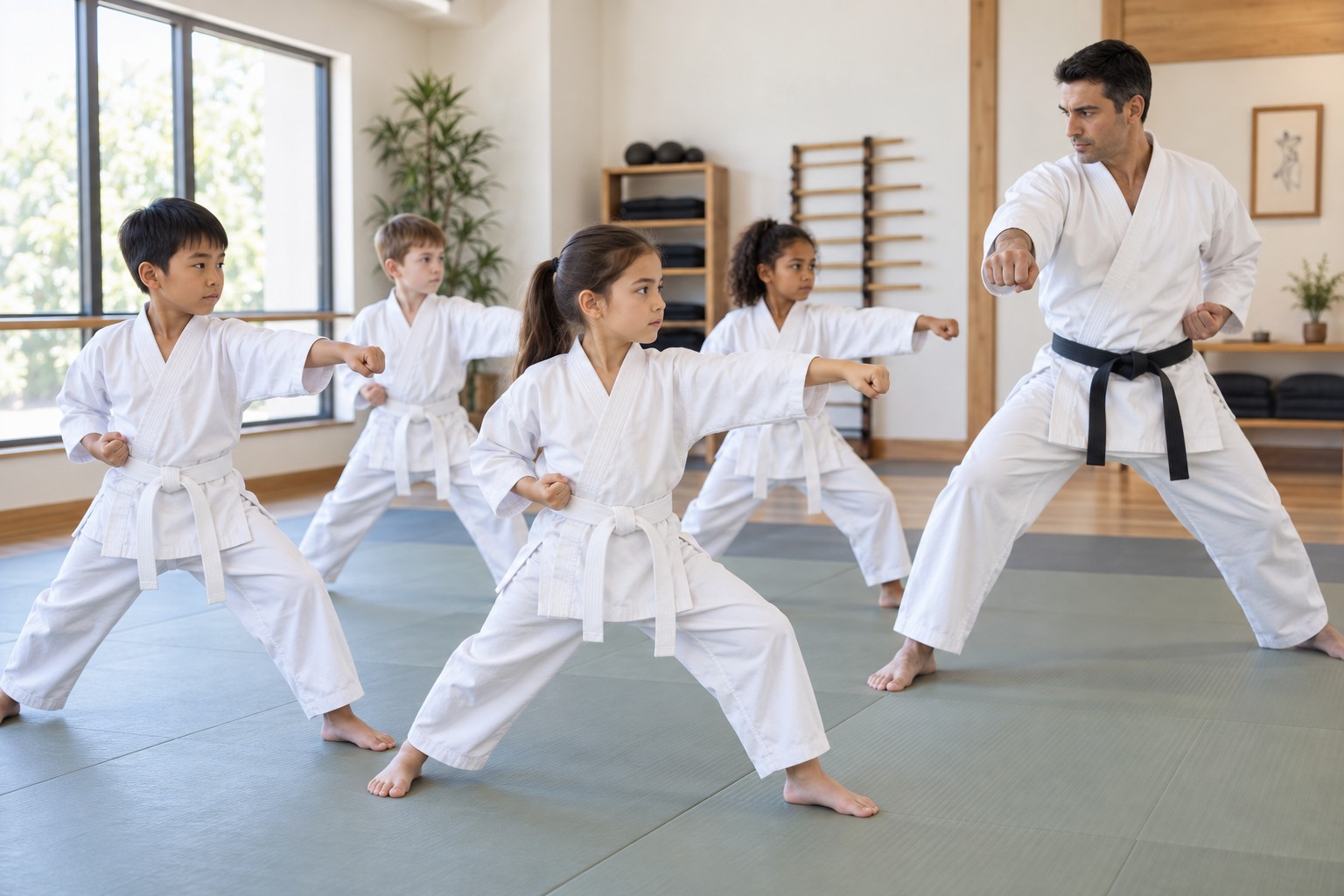 Karate school: a supervised session with learners and an instructor