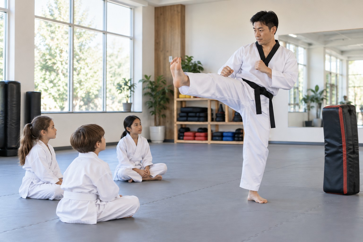 Escuela de taekwondo: sesión supervisada con estudiantes y personal instructor