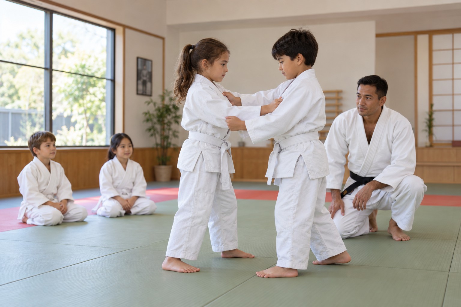 Judo school: a supervised session with learners and an instructor