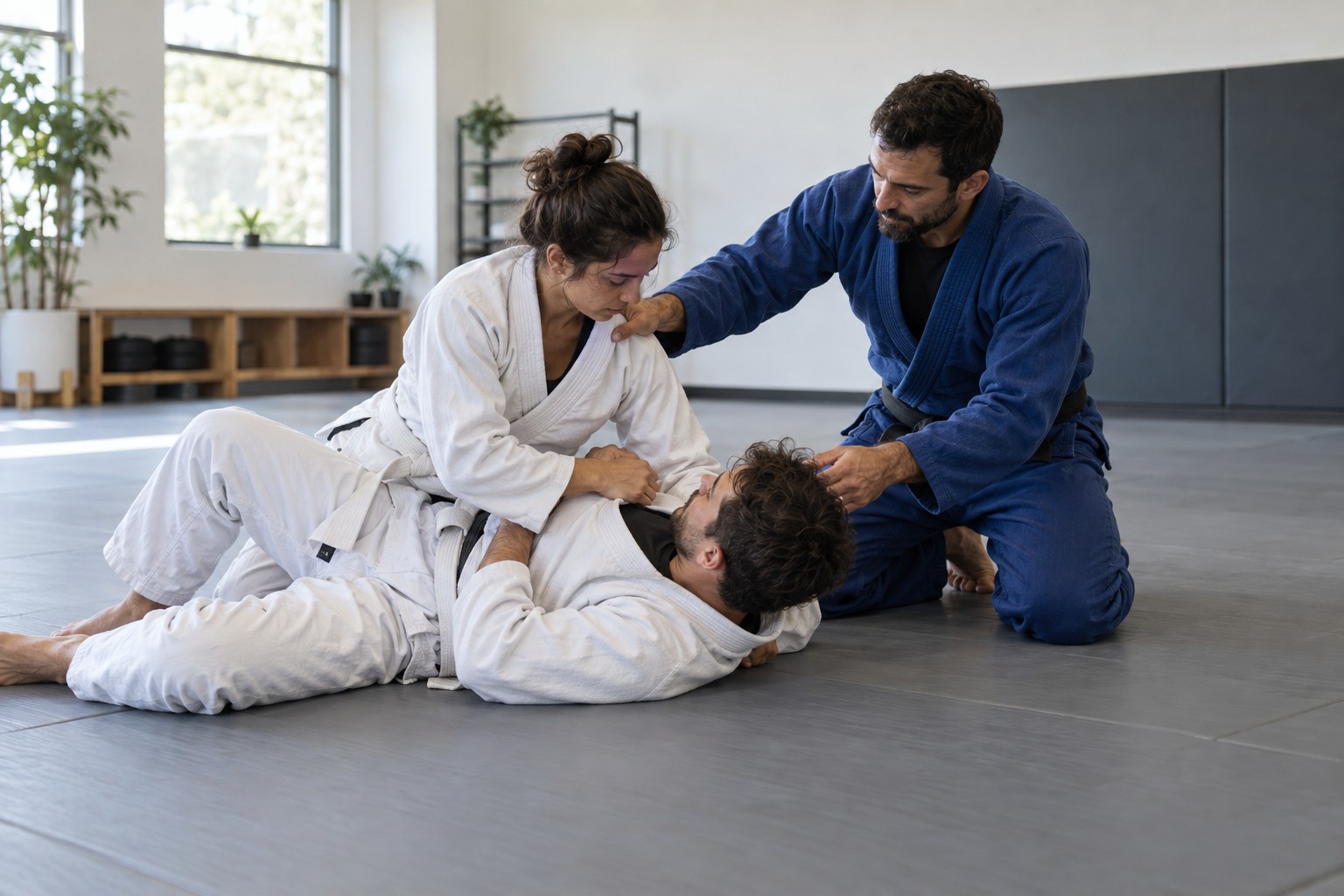 Jiu-jitsu school: a supervised session with learners and an instructor