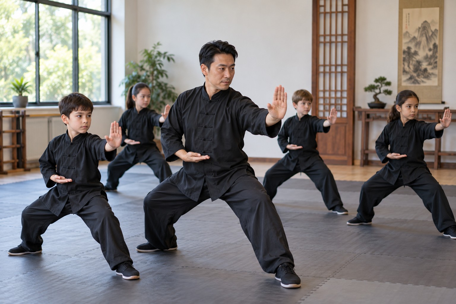 Kung fu school: a supervised session with learners and an instructor