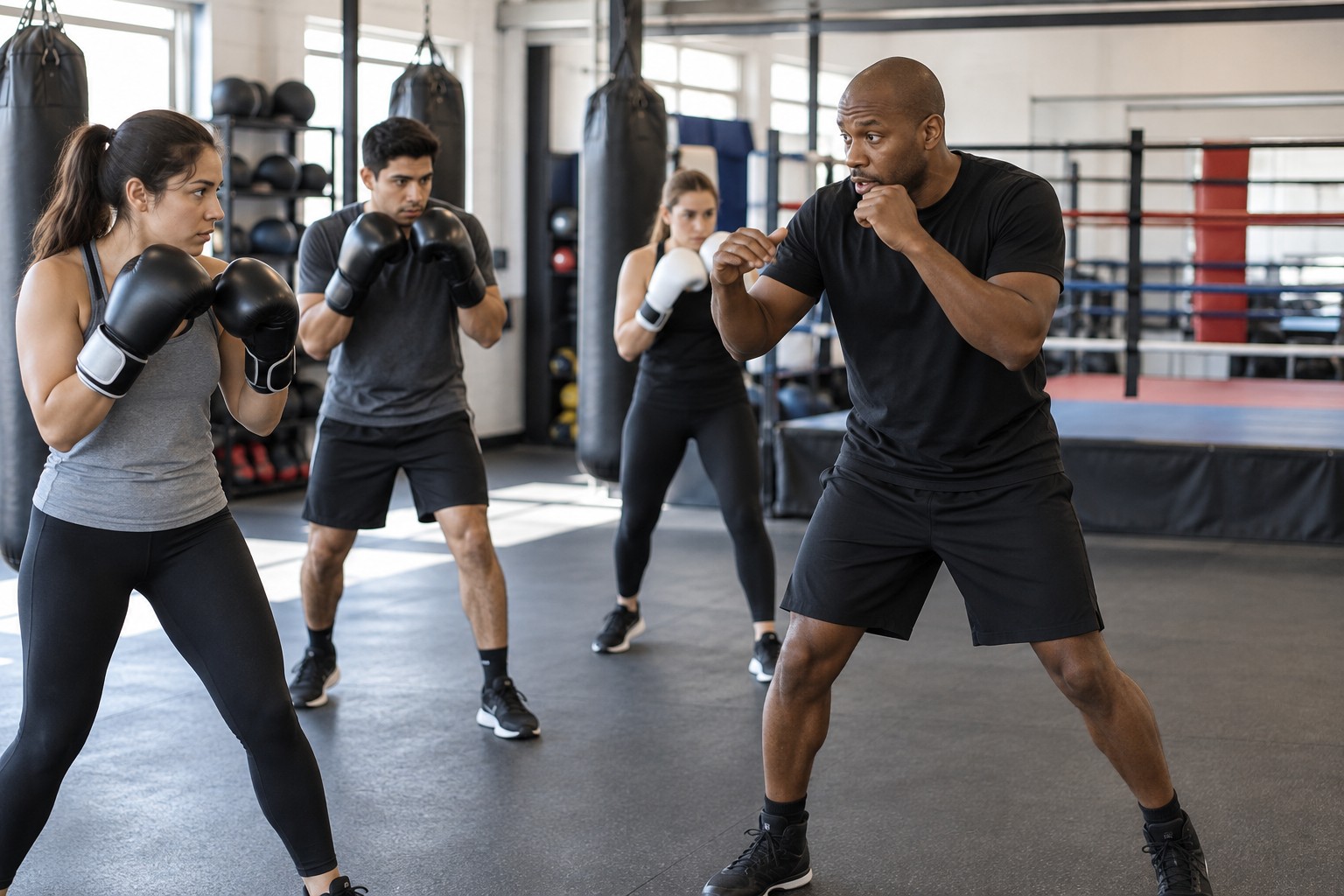 Boxing gym / boxing school: a supervised session with learners and an instructor