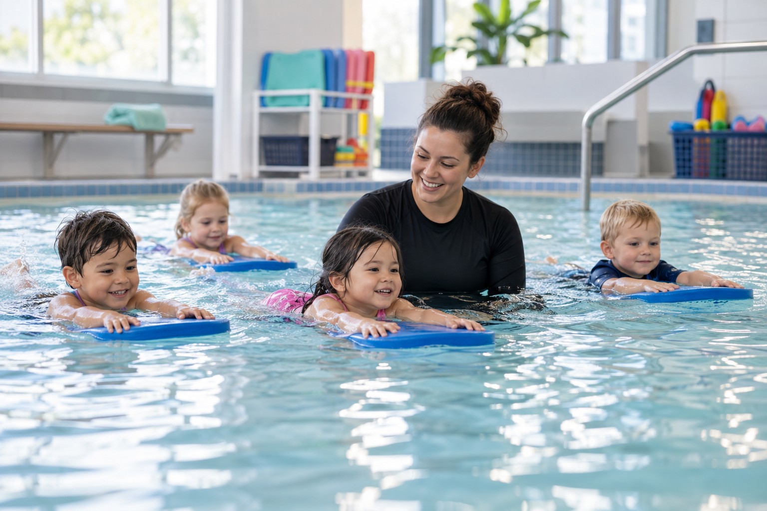 Swim school: children practicing in a pool with an instructor