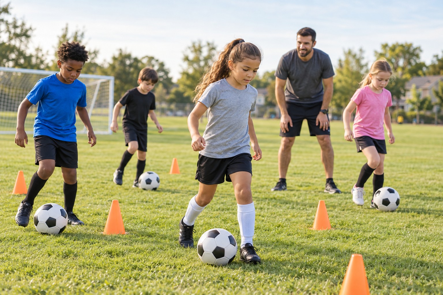 Youth sports academy: young athletes doing ball drills on a field with coaches