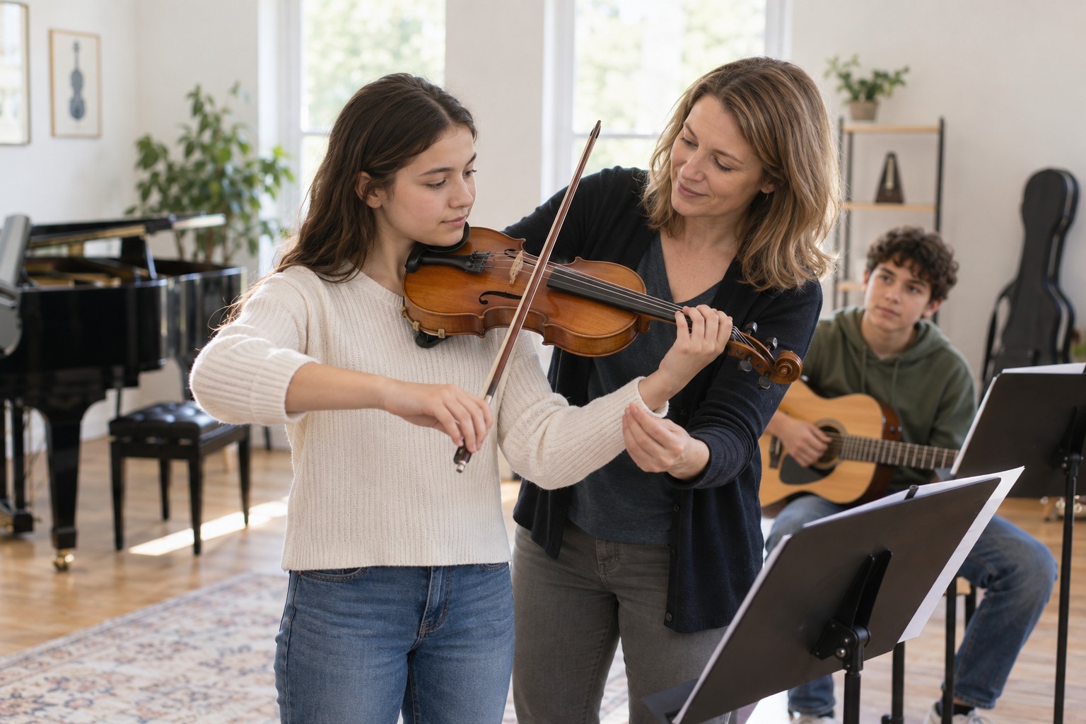 Music school: a teacher guiding learners during a lesson
