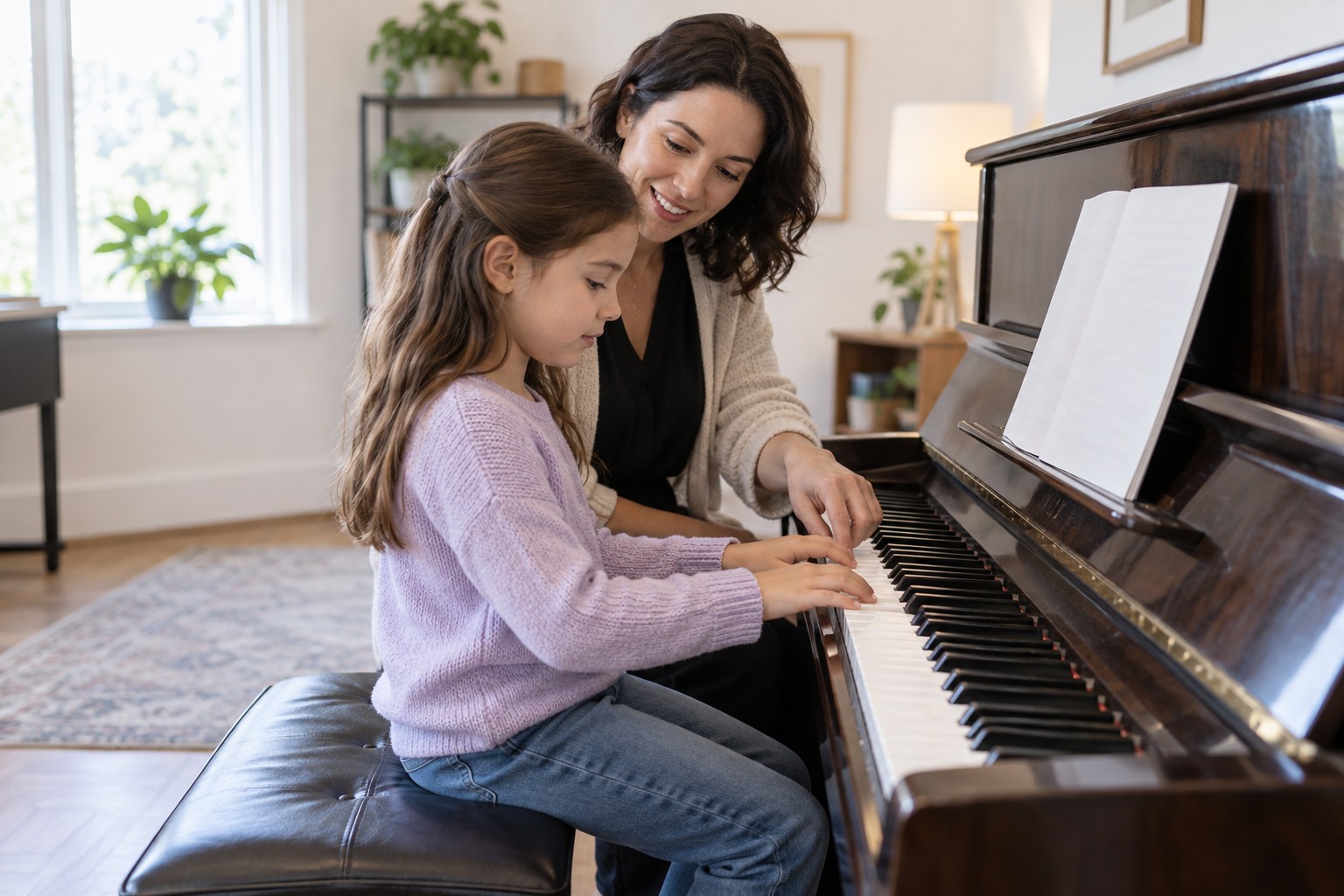 Clases de piano: personal docente guía a estudiantes durante una clase