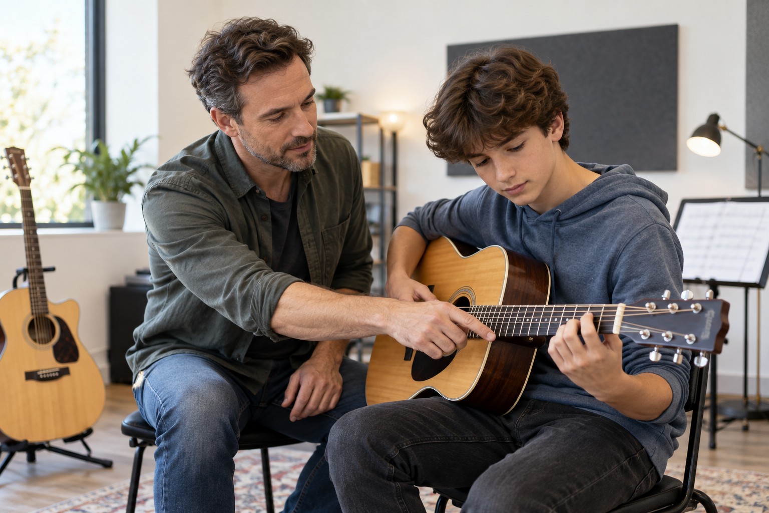 Guitar lessons: a teacher guiding learners during a lesson