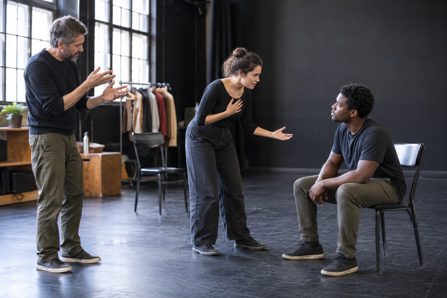 Theater and acting school: a teacher guiding learners during a lesson