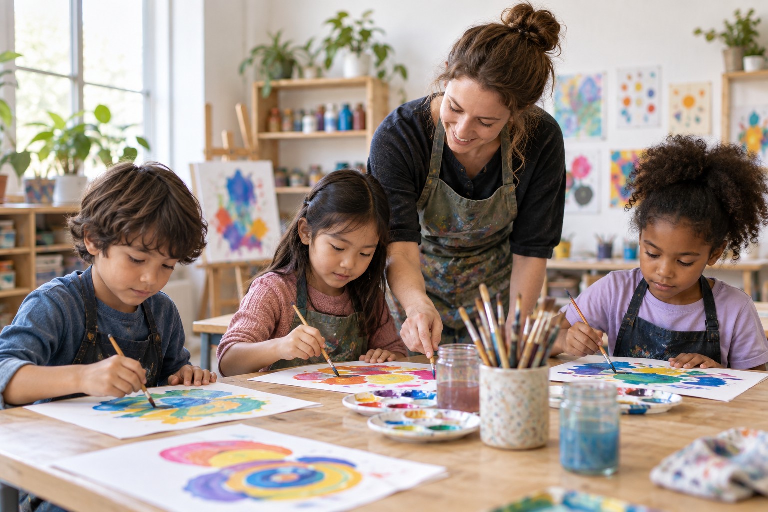 Children’s art school: a teacher guiding learners during a lesson