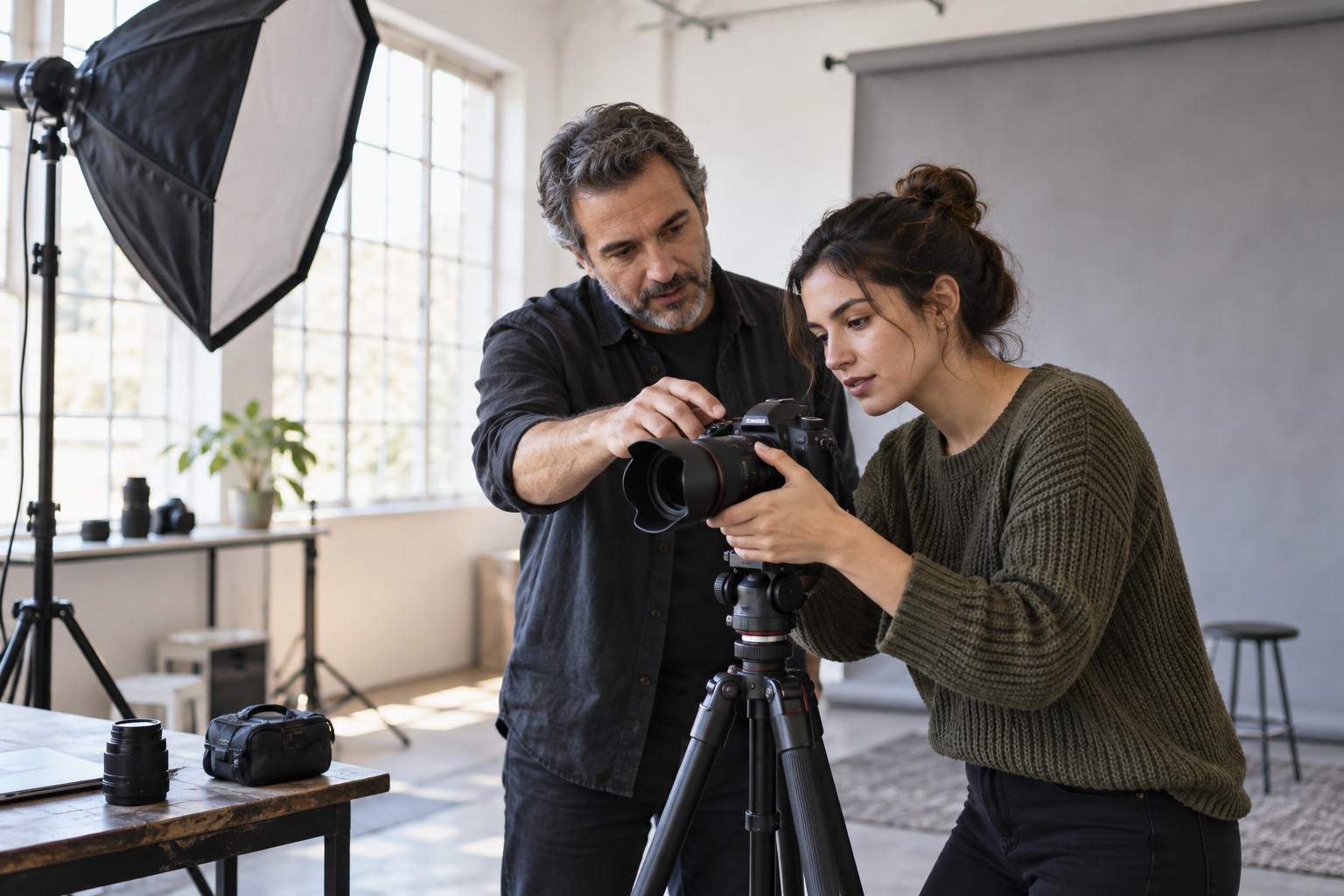 Photography school: a teacher guiding learners during a lesson