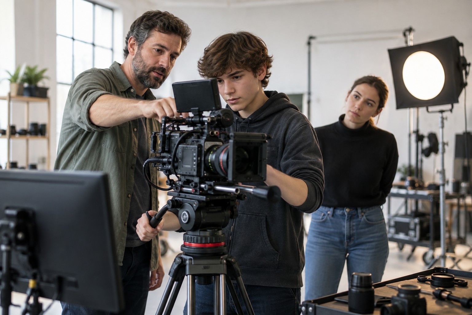 Escuela de cine y medios: personal docente guía a estudiantes durante una clase