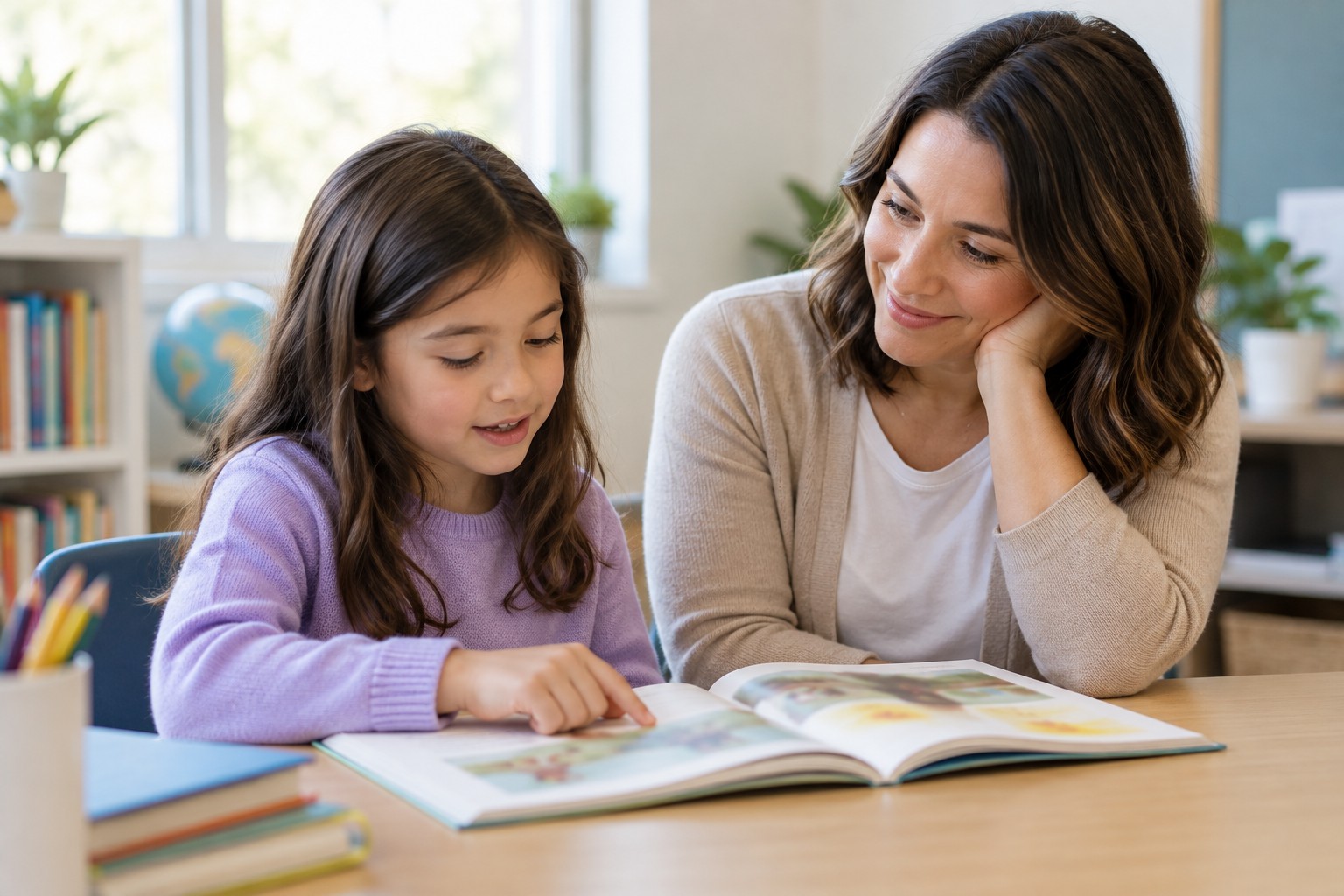 Reading tutor: a tutor working one-on-one with a learner at a study table