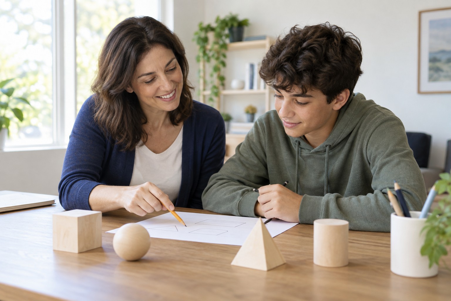 Tutor de matemáticas: tutoría individual con un estudiante en una mesa de estudio