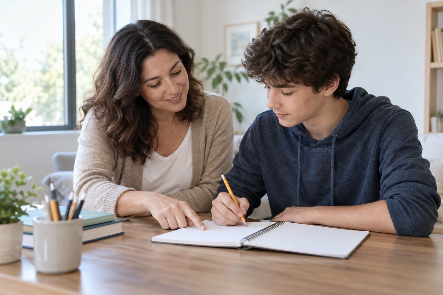 Writing tutor: a tutor working one-on-one with a learner at a study table