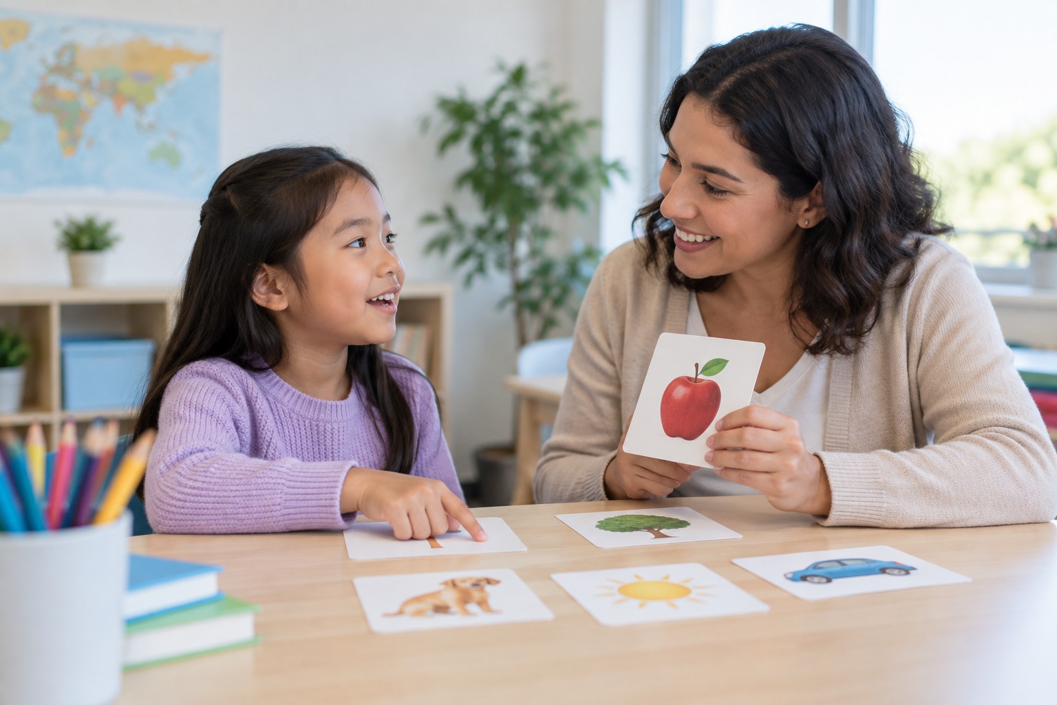 English-language learner tutoring: a tutor working one-on-one with a learner at a study table