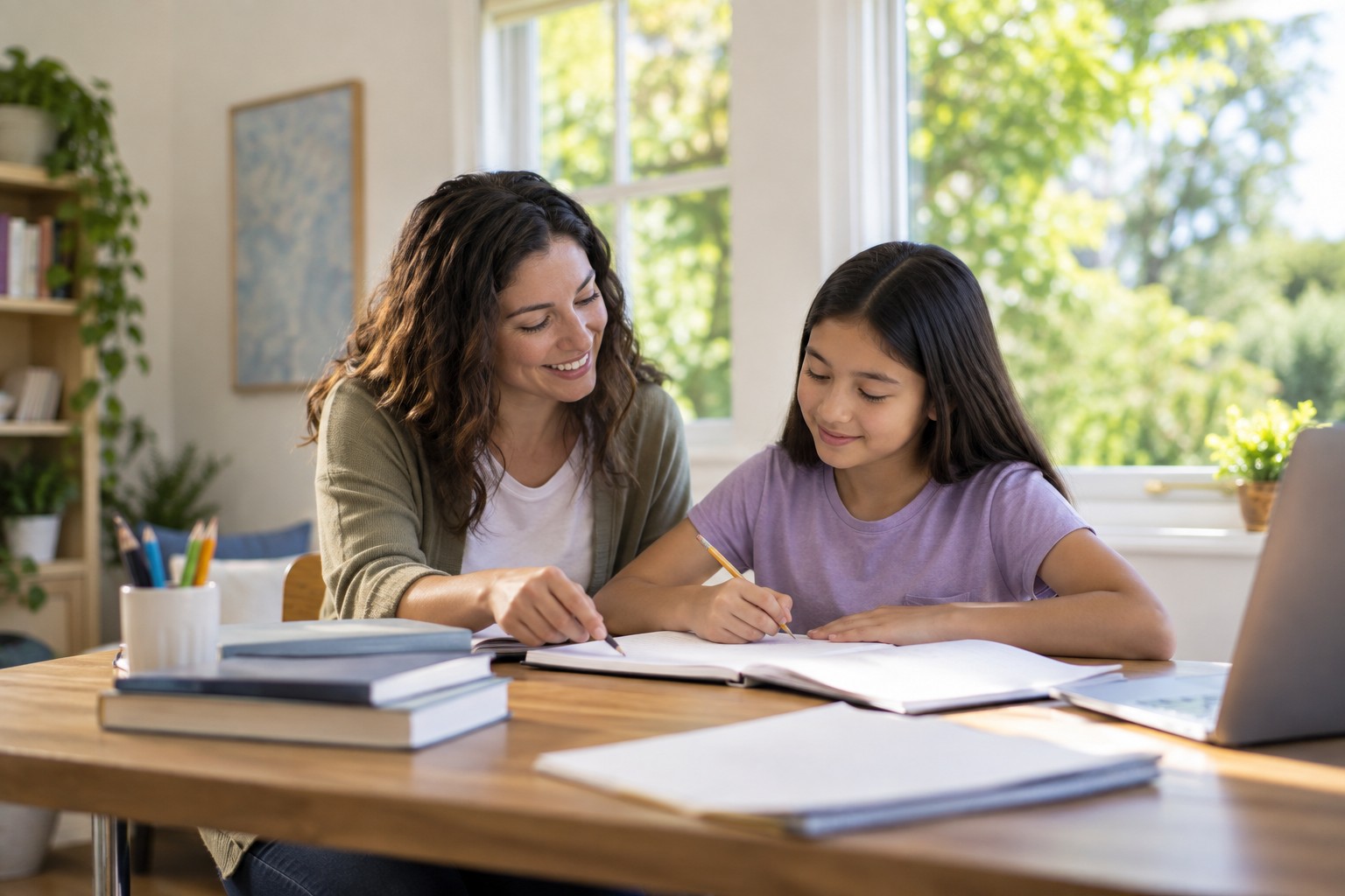 Summer academic program: a tutor working one-on-one with a learner at a study table