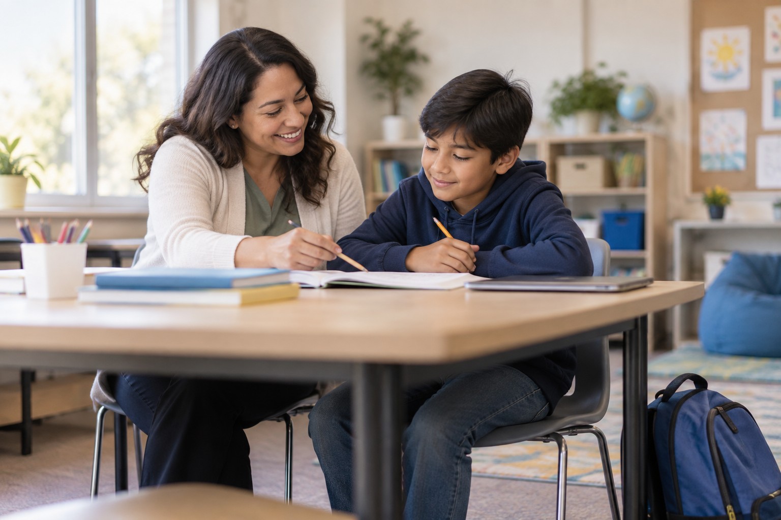 After-school learning program: a tutor working one-on-one with a learner at a study table