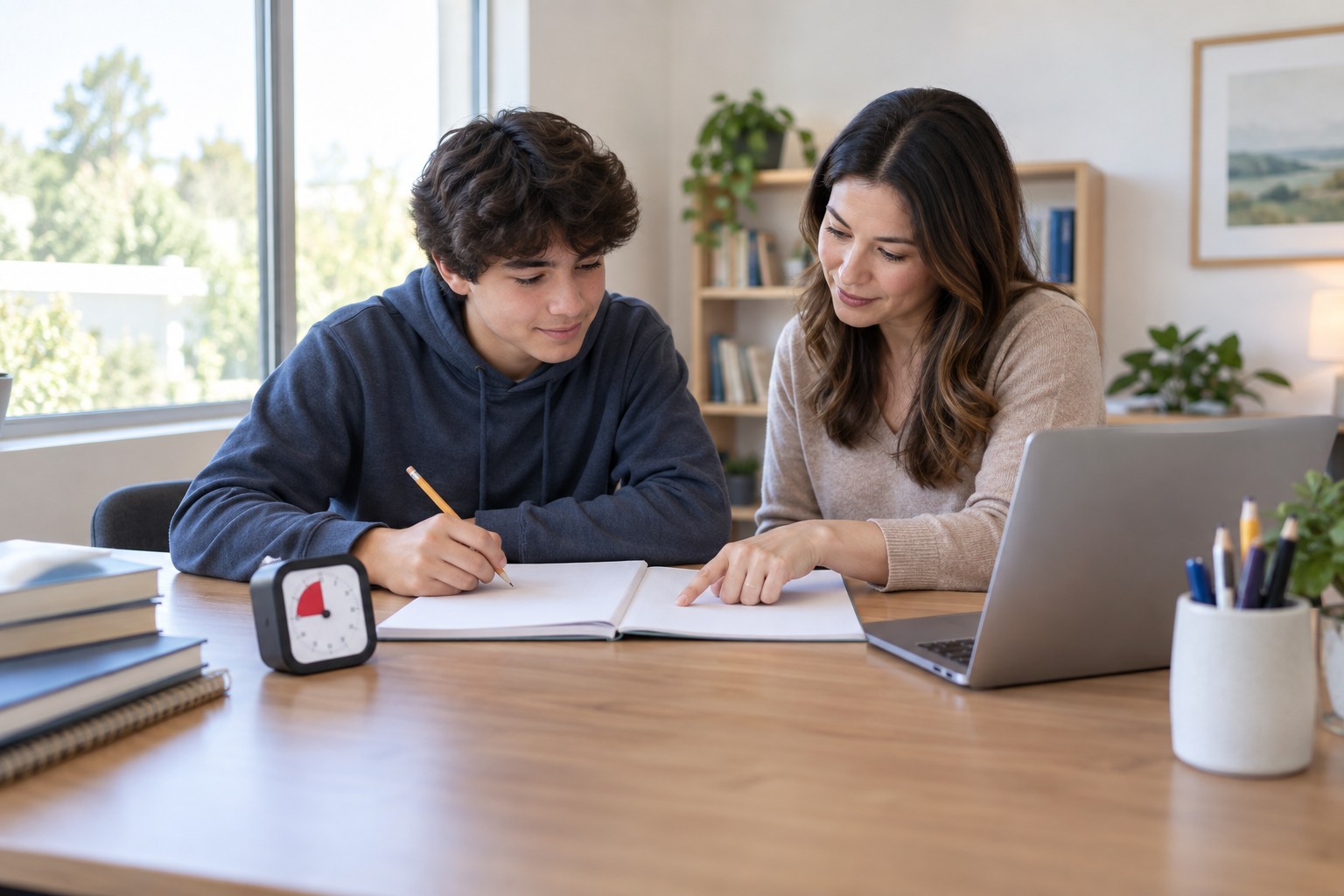 SAT preparation: a learner and tutor reviewing practice materials at a study table