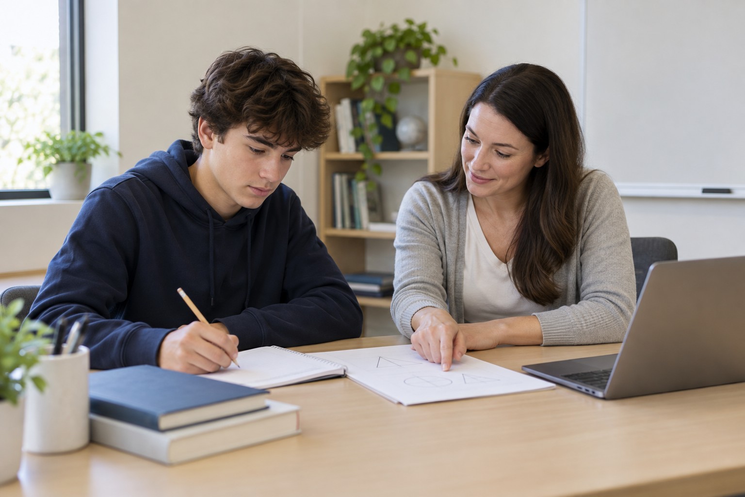 ACT preparation: a learner and tutor reviewing practice materials at a study table