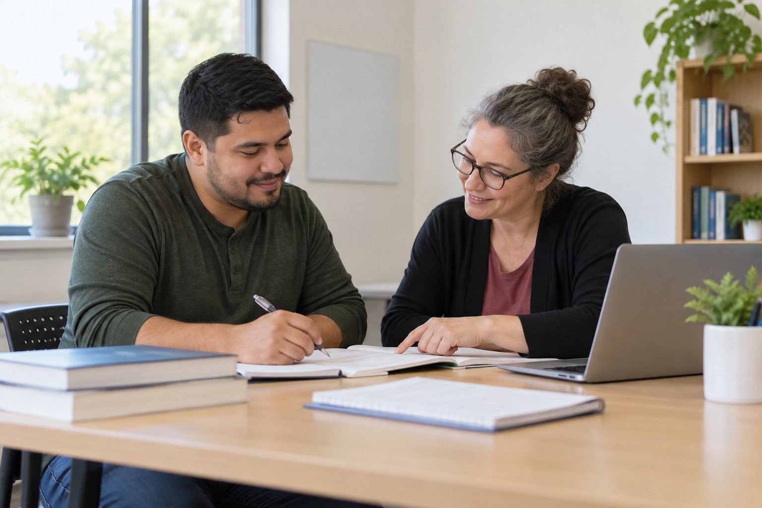 GED preparation: a learner and tutor reviewing practice materials at a study table