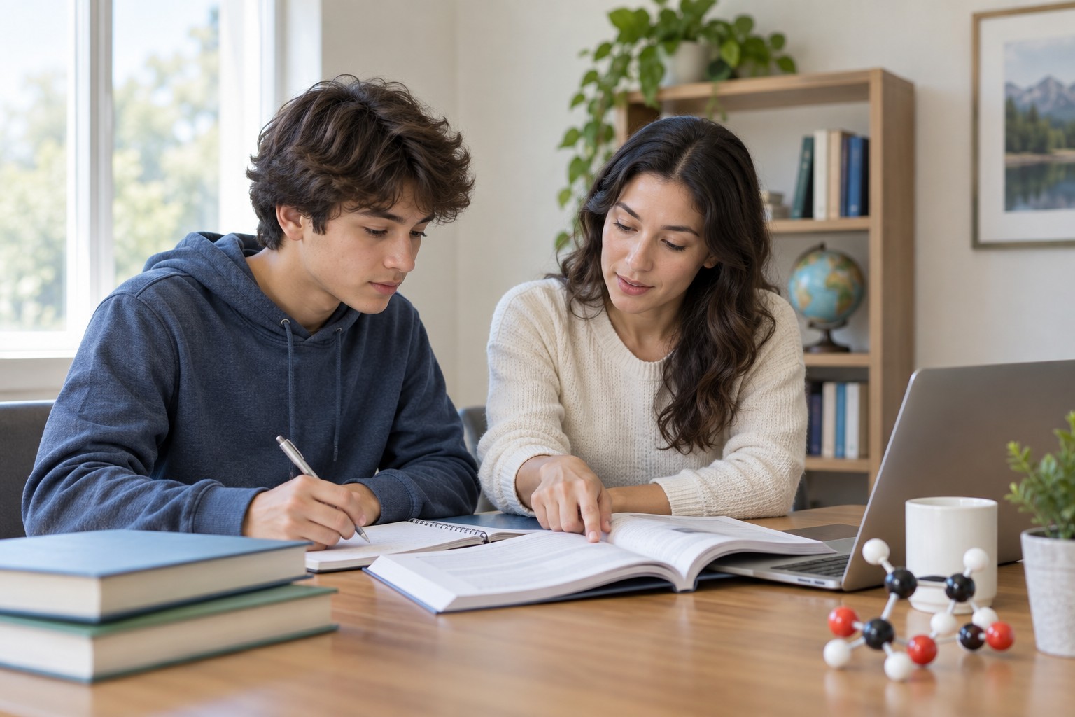 Advanced Placement exam tutoring: a learner and tutor reviewing practice materials at a study table