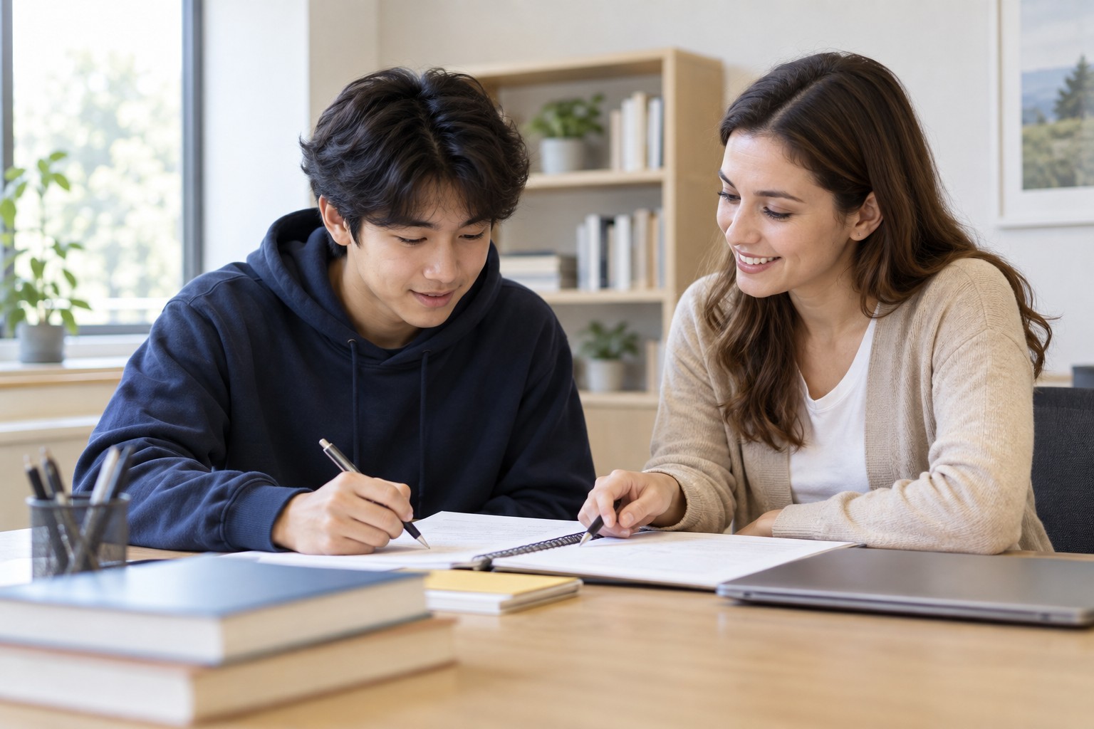 Preparación para exámenes de admisión universitaria: estudiante y tutor revisan materiales de práctica en una mesa de estudio