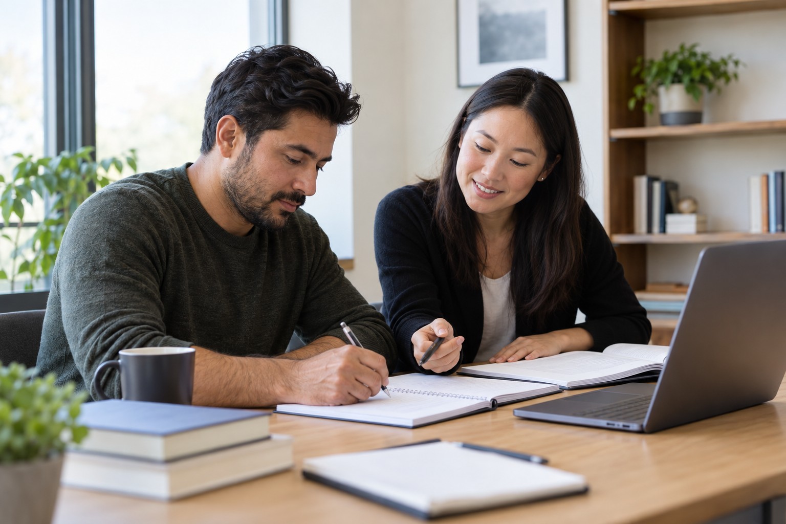Preparación para exámenes de certificación profesional: estudiante y tutor revisan materiales de práctica en una mesa de estudio