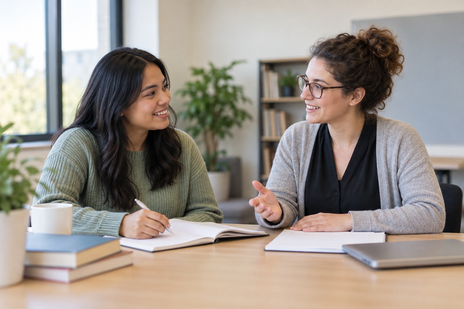 English-language proficiency test preparation: a learner and tutor reviewing practice materials at a study table