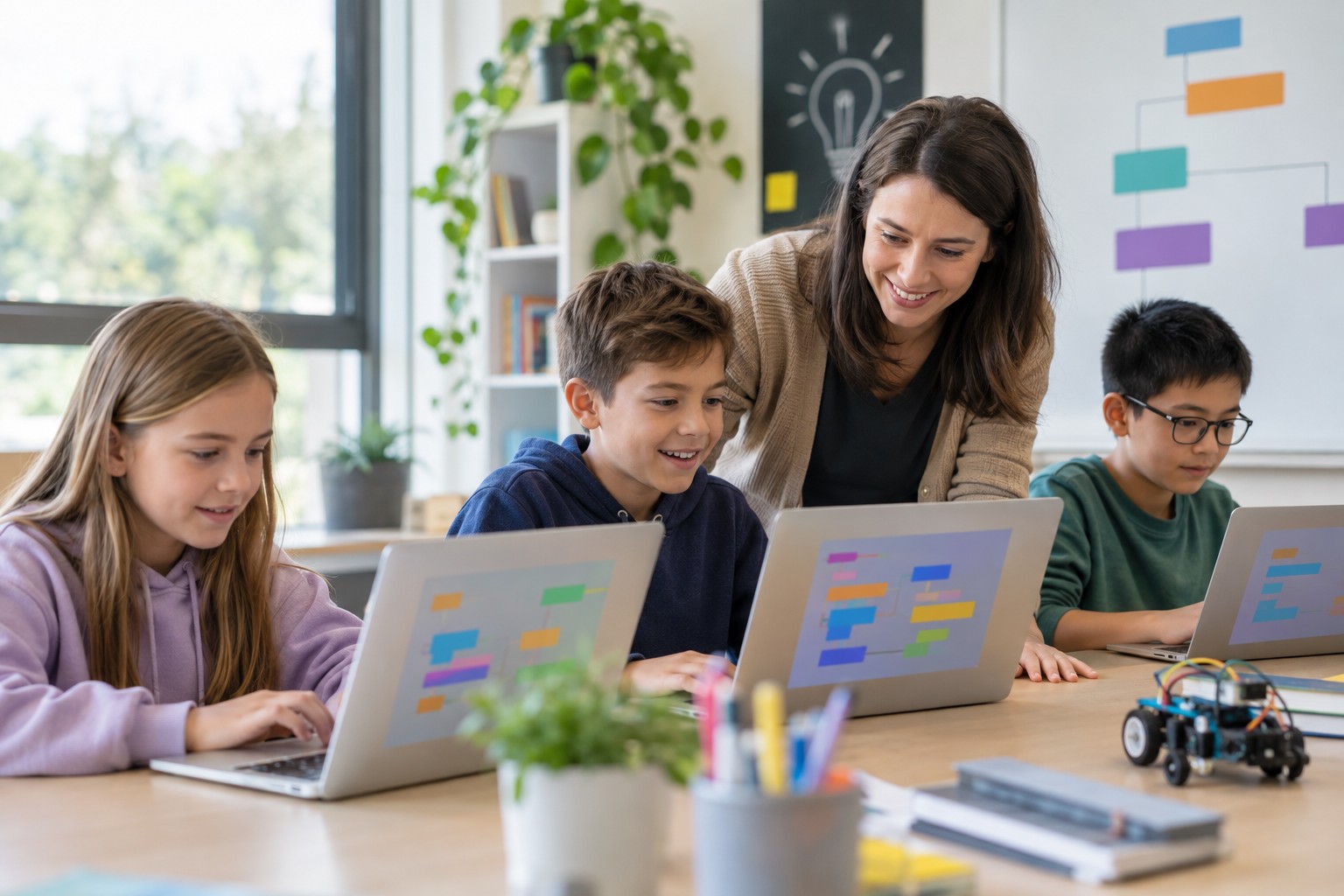 Coding school for children: learners working hands-on during a session