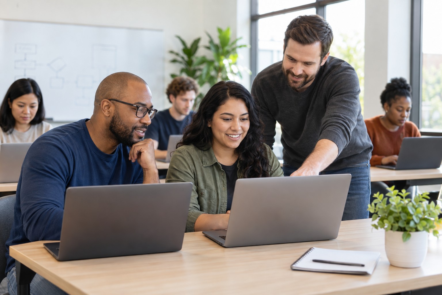 Adult coding bootcamp: learners working hands-on during a session