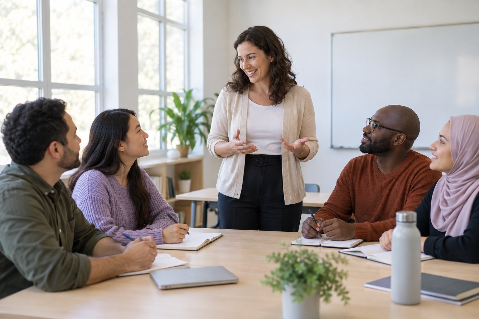 English-language school: a teacher and adult learners practicing together in class