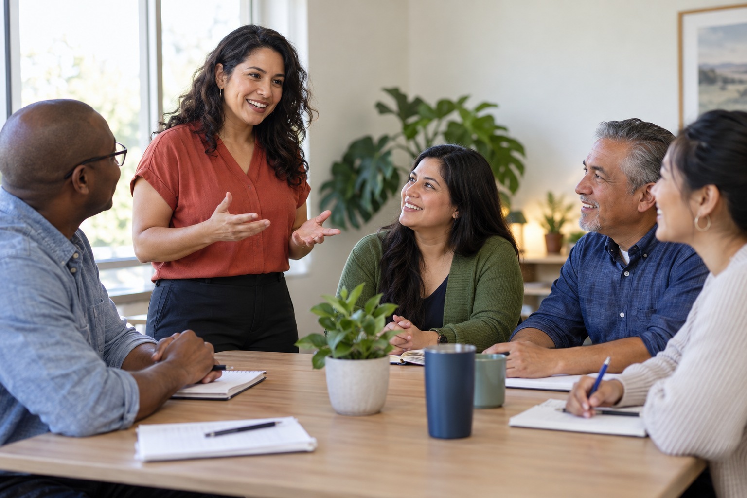 Spanish-language school: a teacher and adult learners practicing together in class