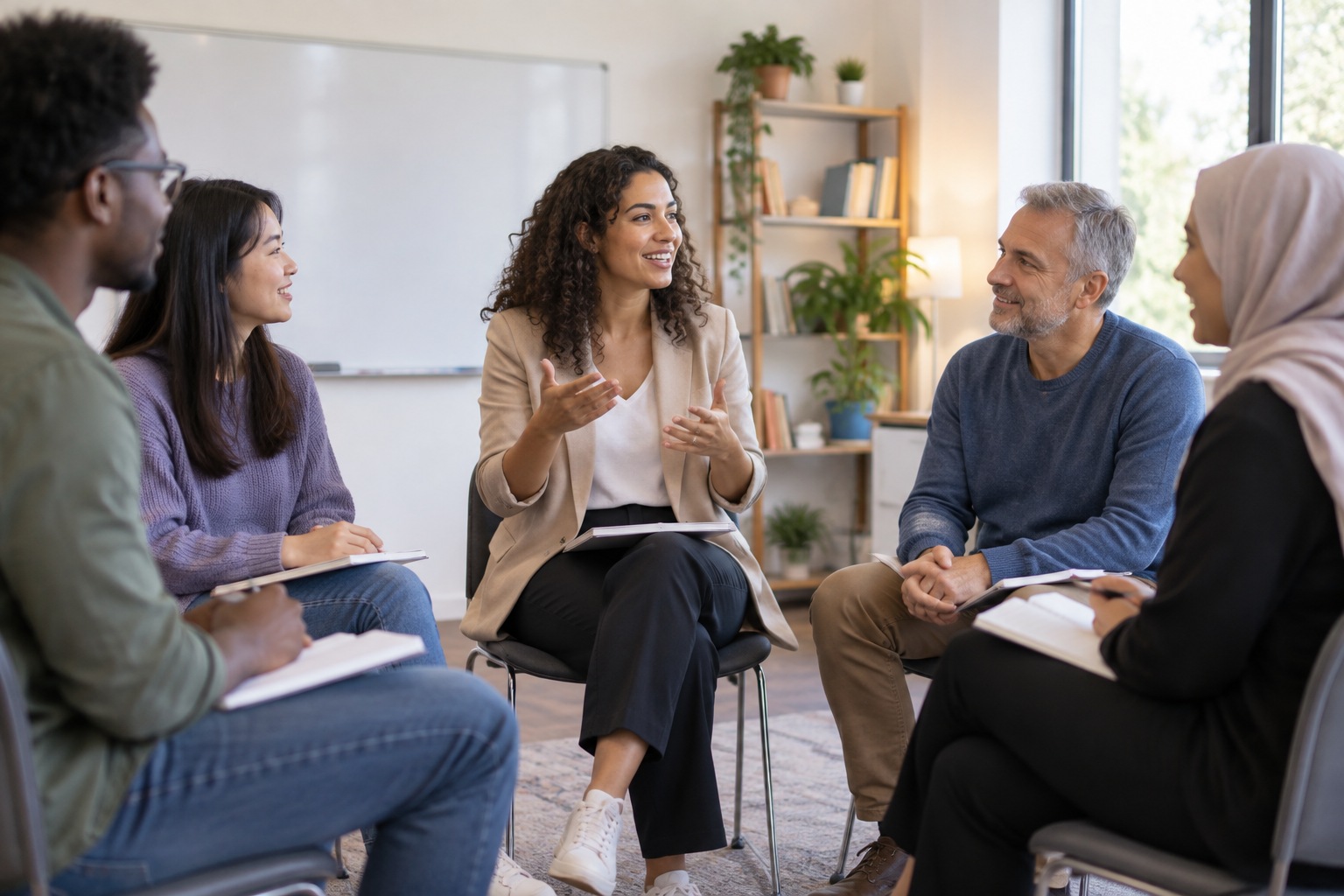 Foreign-language school: a teacher and adult learners practicing together in class