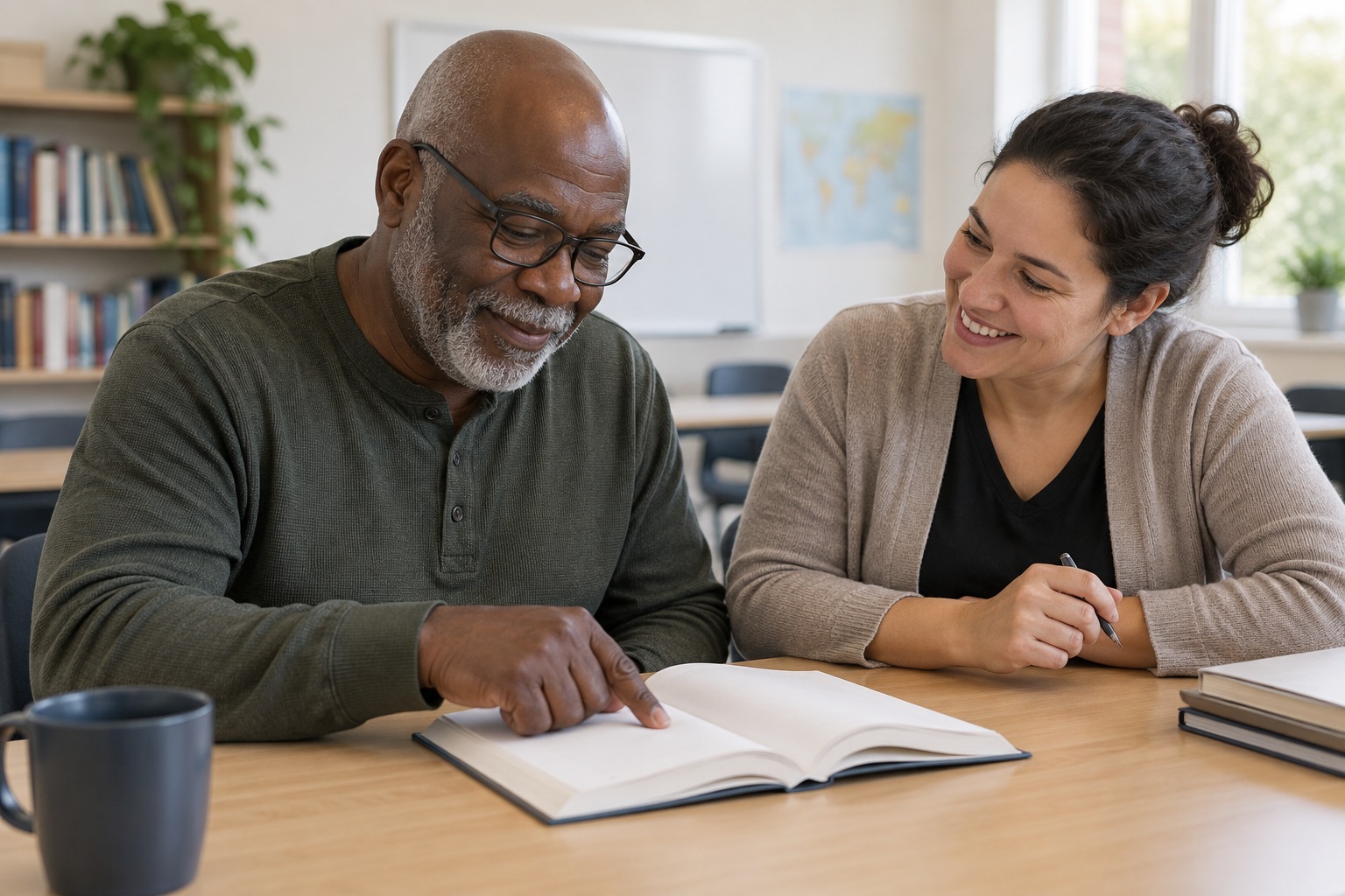 Adult literacy program: a teacher and adult learners practicing together in class