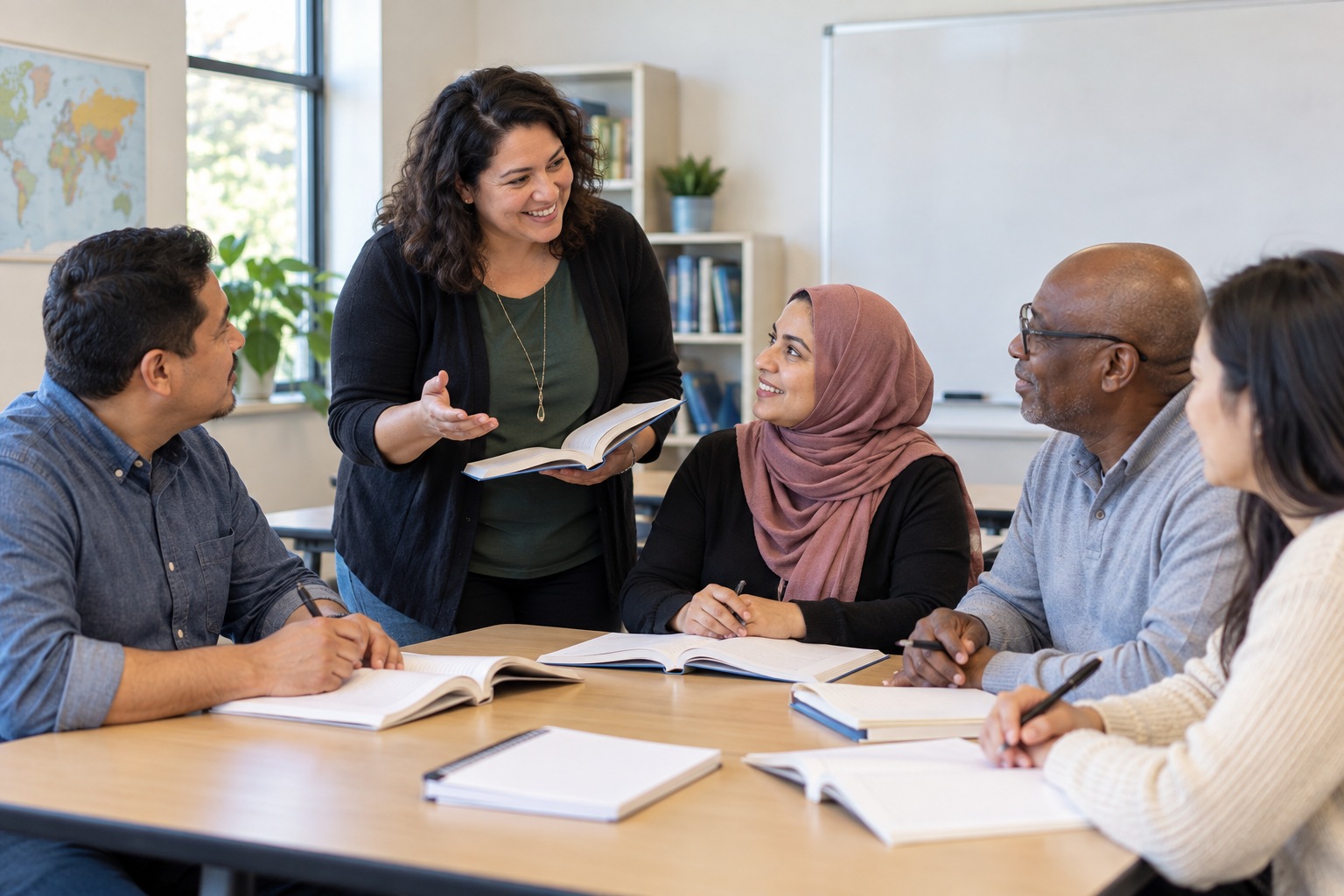Citizenship test preparation: a teacher and adult learners practicing together in class