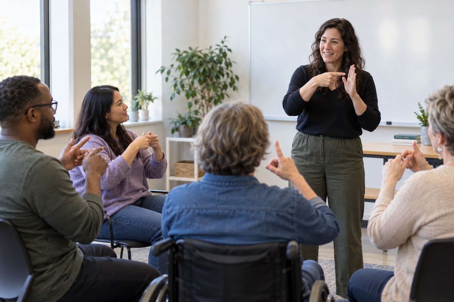 Sign-language classes: a teacher and adult learners practicing together in class