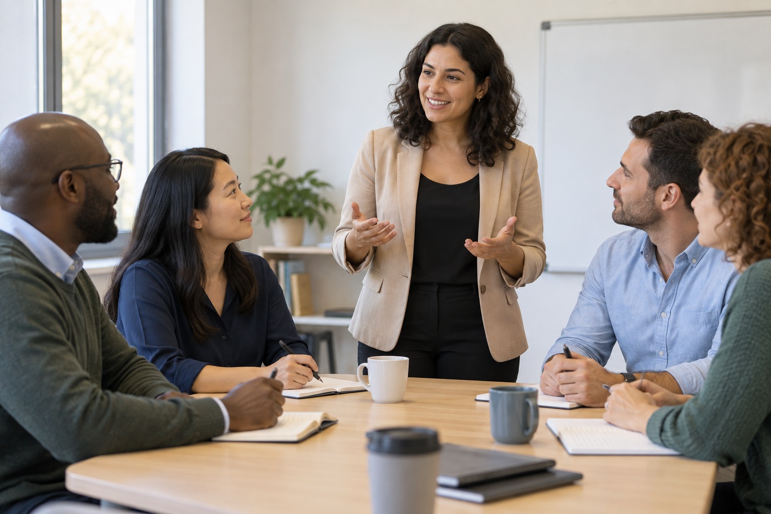 Business-language coaching: a teacher and adult learners practicing together in class