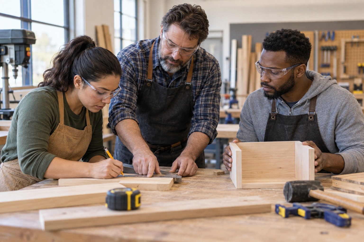 Trade school: an instructor demonstrating skills in a training space