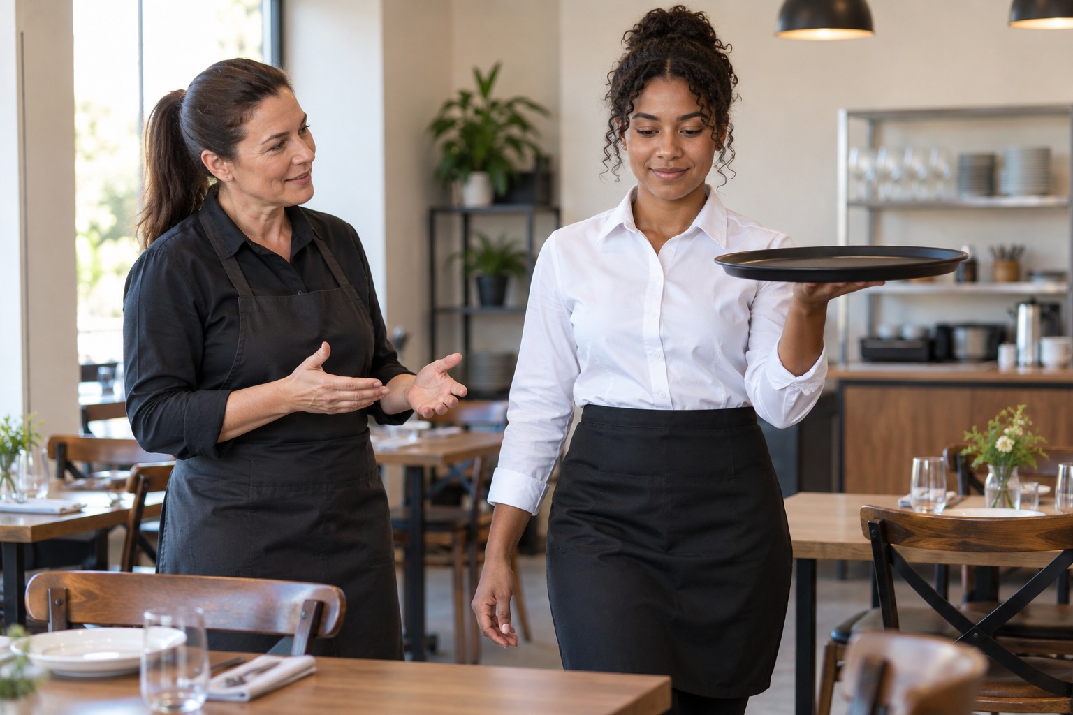 Vocational school: an instructor demonstrating hospitality service skills to a trainee
