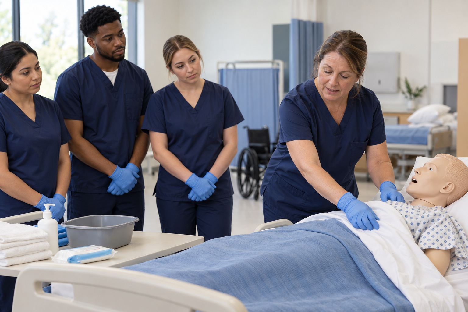 Nursing-assistant training: an instructor demonstrating skills in a training space